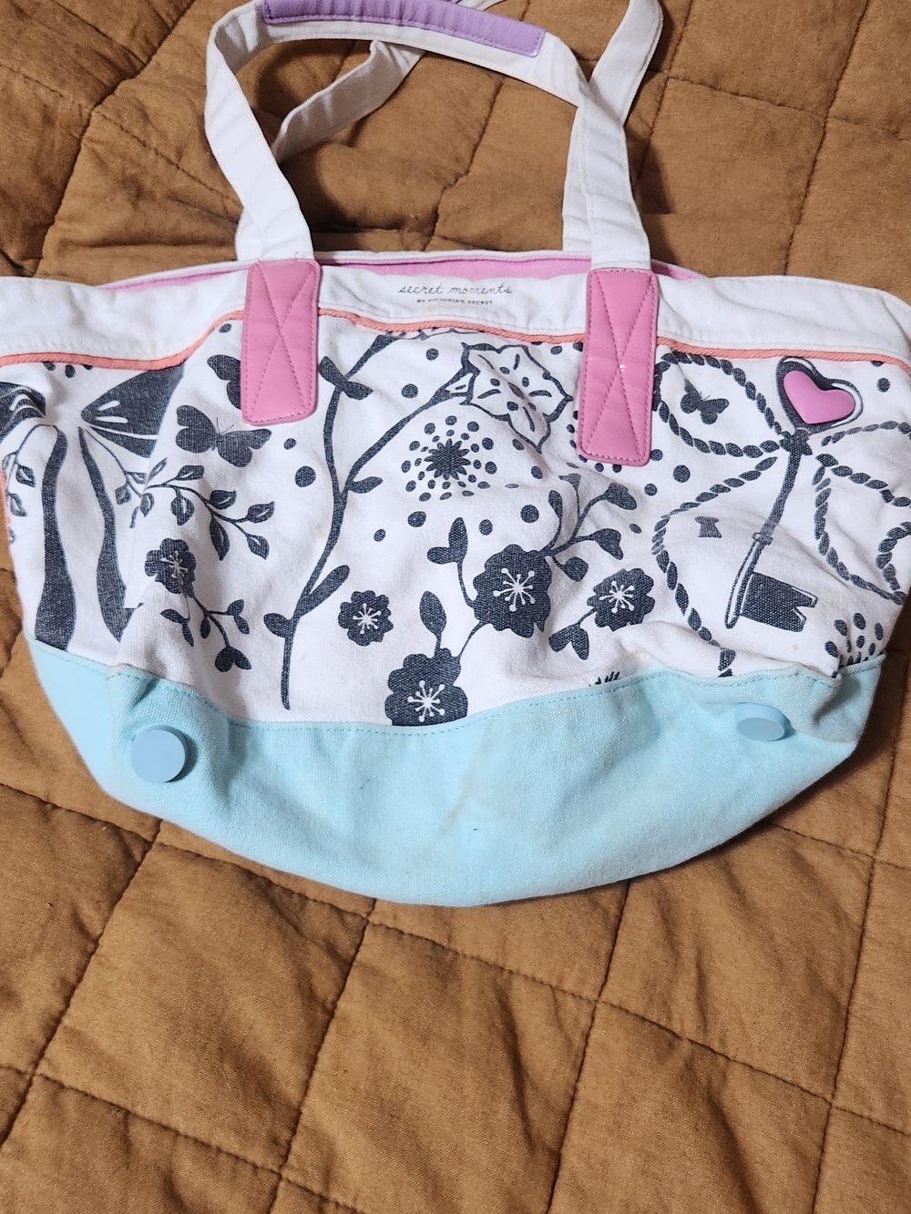 Victoria's Secret Pink and Light Blue Floral Canvas Tote
